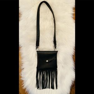 Black Leather Purse Crossbody Bag Fringe Detachable Strap Hippie Hipster